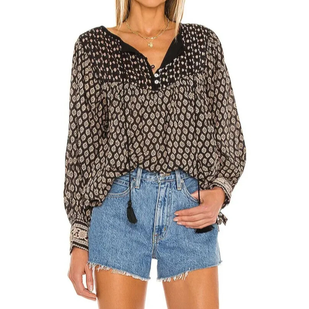 Cleobella Winter Blouse Black Brown Top Pintuck Small Peasant Boho Anthropologie - Picture 1 of 16